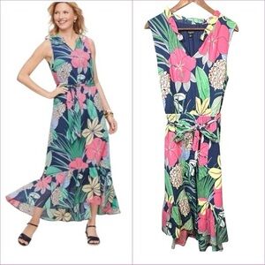 Talbots Voile Hibiscus Maxi Dress Size 16P Spring Floral‎ Cotton V Neck Belted